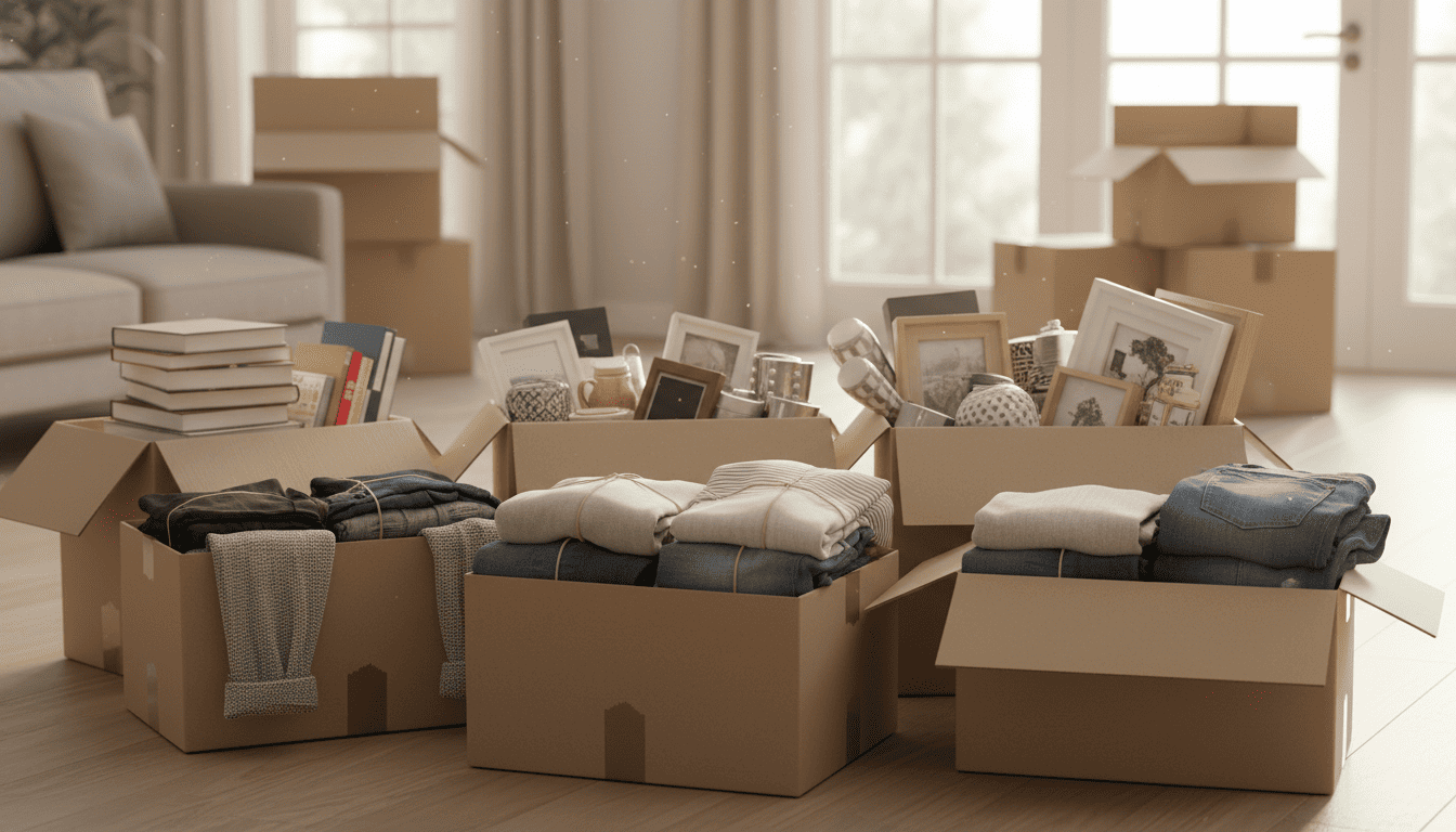 Neatly organized donation boxes and furniture items ready for pickup outside a Los Angeles home before moving day
