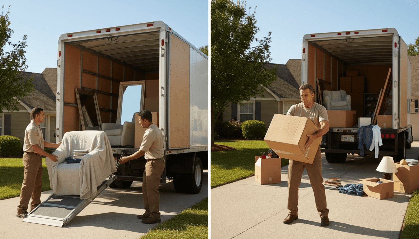 Split comparison showing person struggling to carry boxes alone on left and professional Green Moving crew efficiently loading truck on right