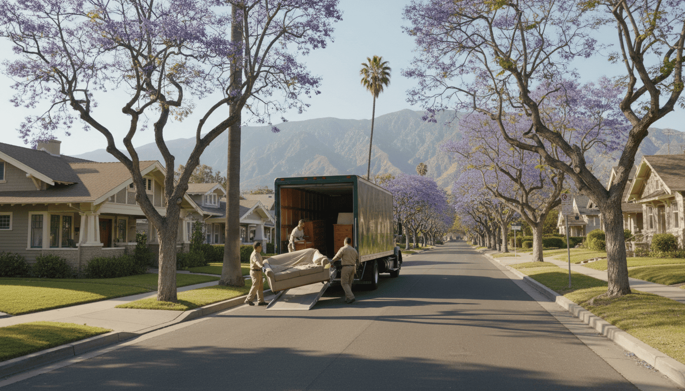 Professional movers unloading a truck on a tree-lined Pasadena residential street with Craftsman homes