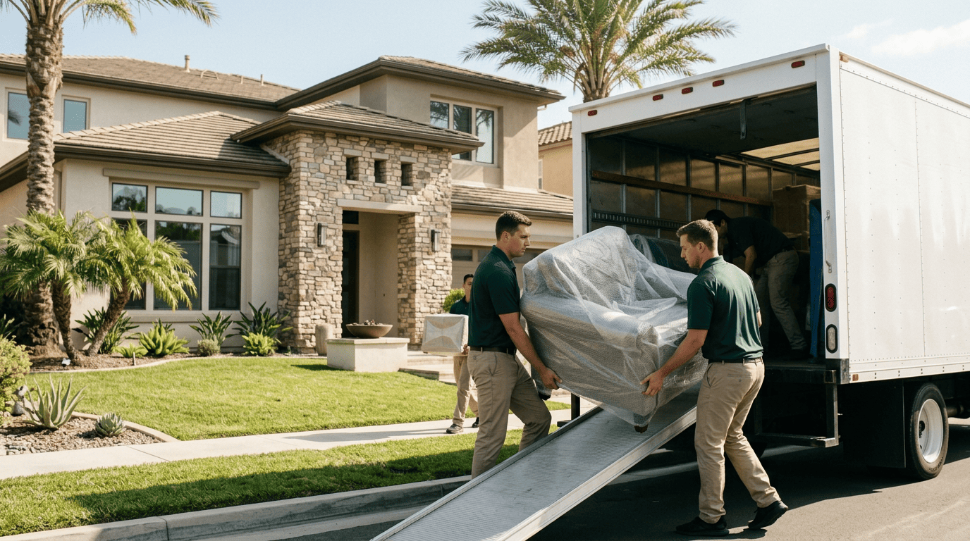 Green Moving crew loading furniture into a truck in an Orange County residential neighborhood with palm trees